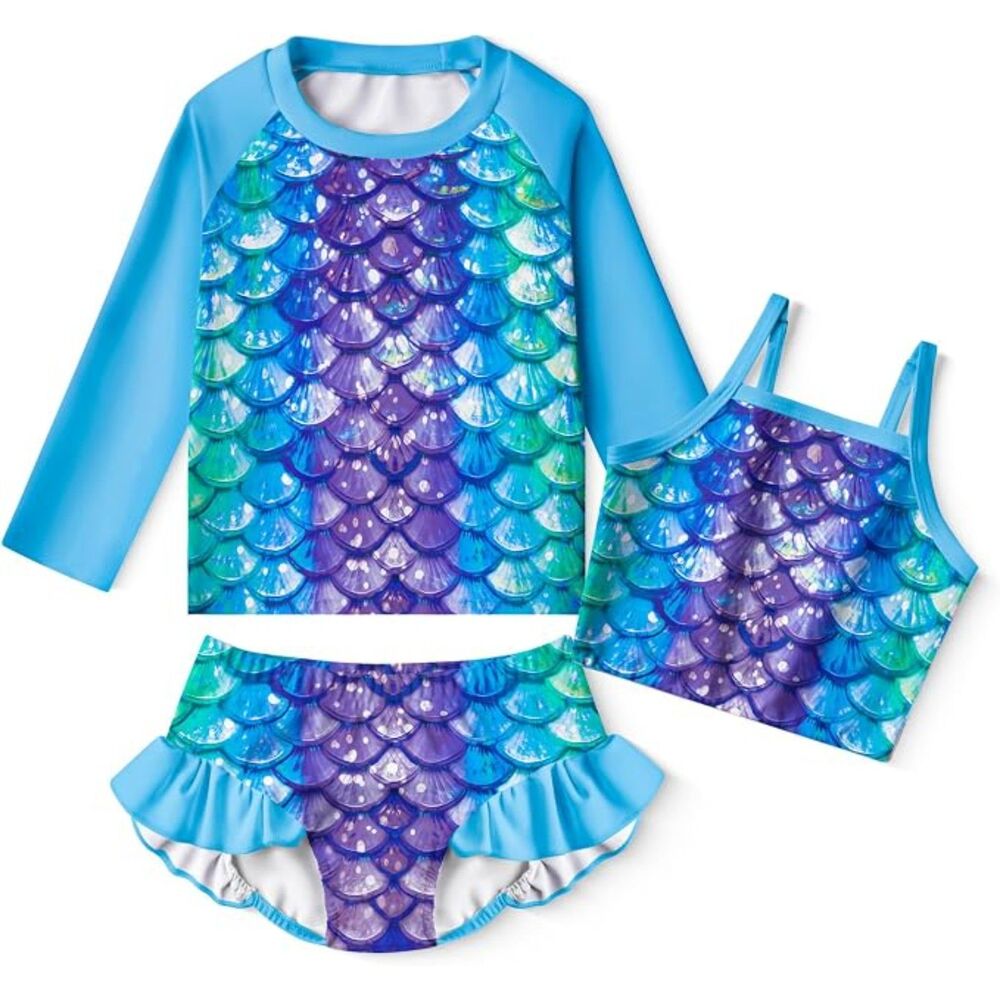 Girls 3-Piece Long Sleeve Rash Guard & Tankini Swimsuit Set (Ages 3–12)